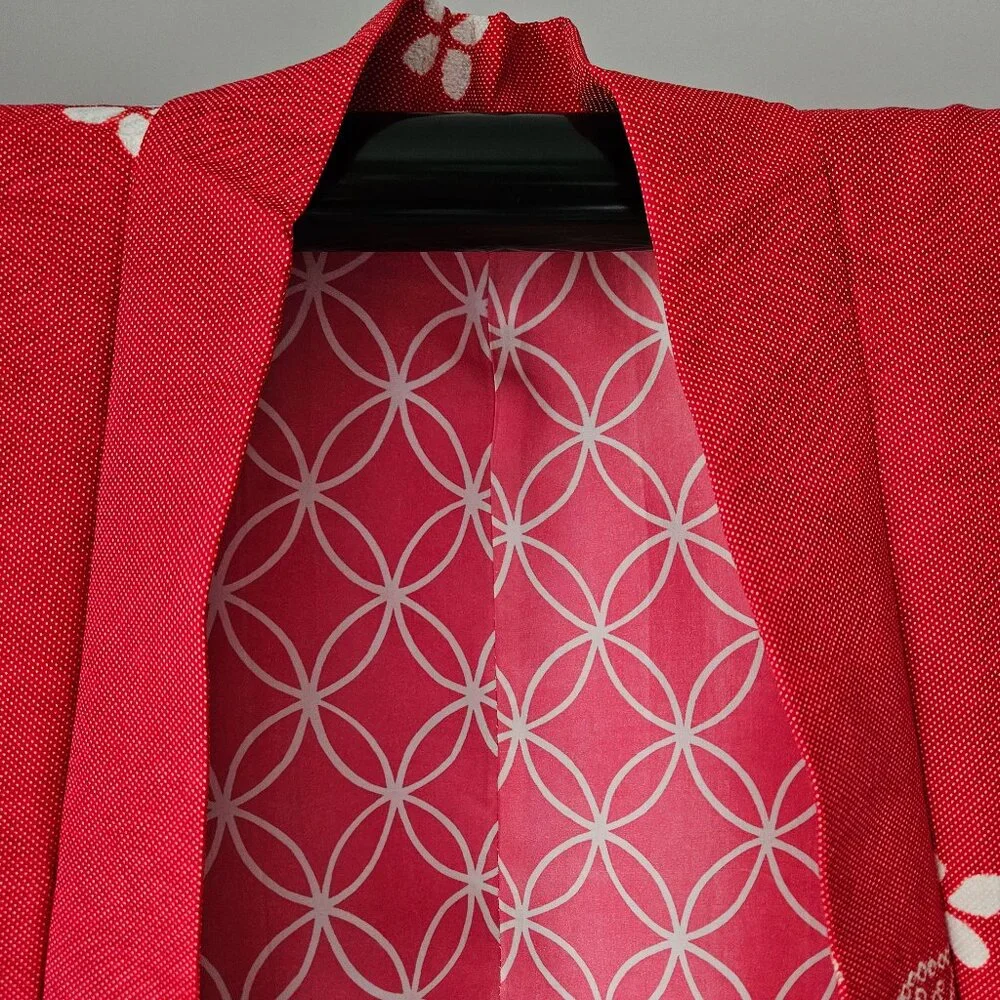 Vintage Red Silk Kimono Jacket: Jacquard Shibori Haori H1526 - Picture 2 of 11